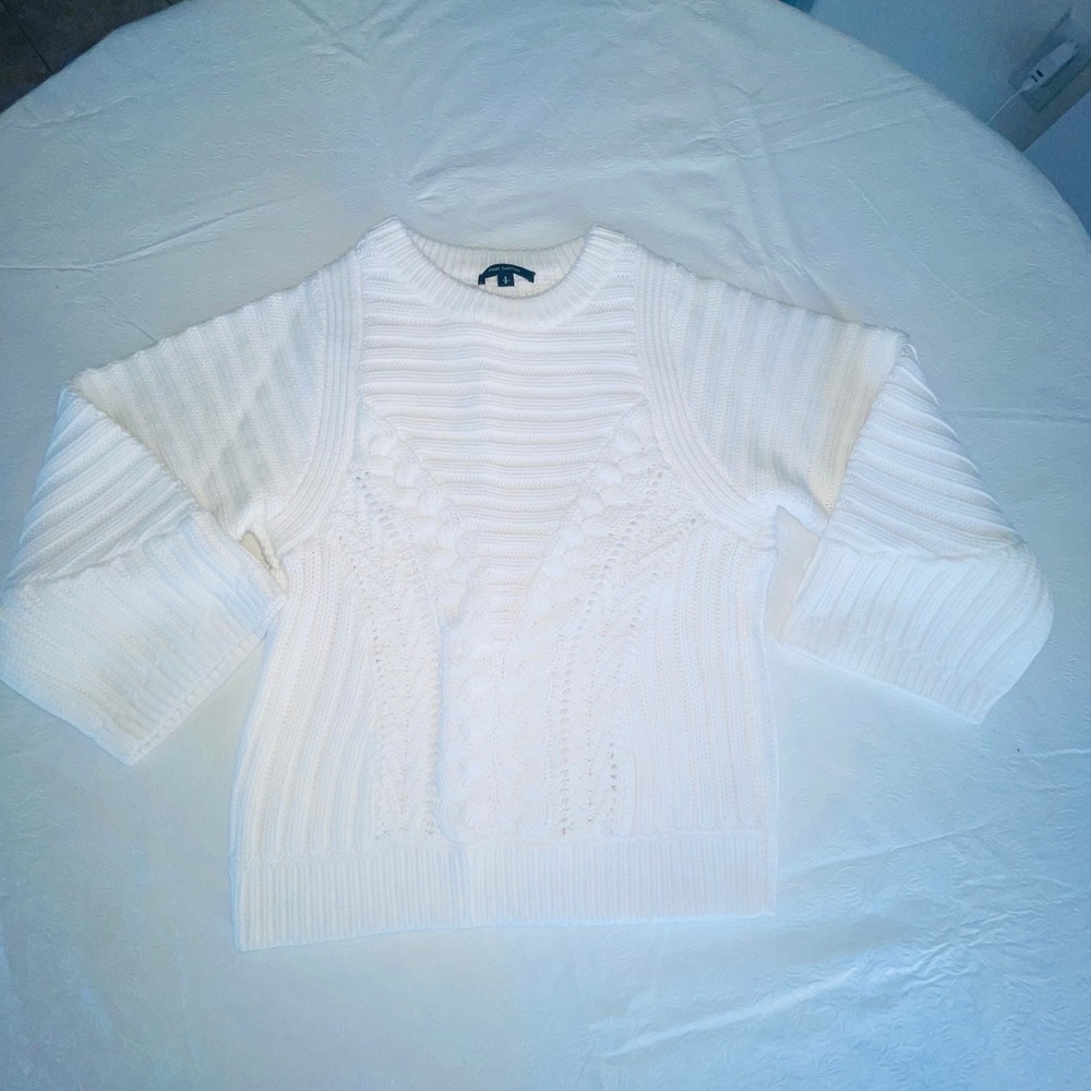 Pink Tartan Womens Small White Cable Knit Sweater 100% Cotton Chunky Pullover